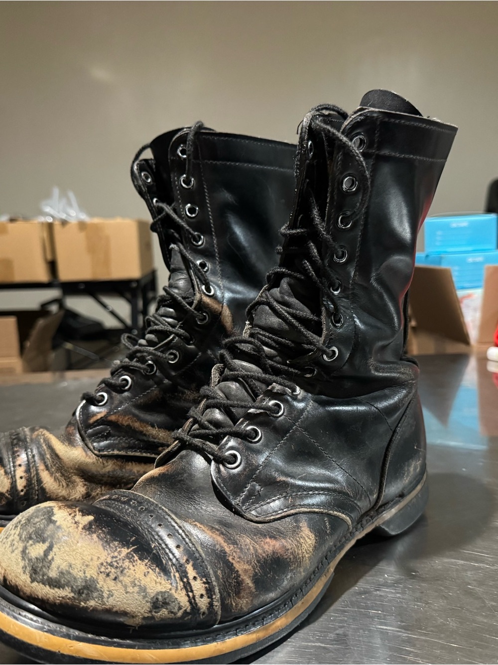 Men's Black Leather Lace-Up Double H combat Boots 8.5